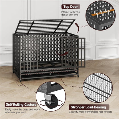48/42 Inch Heavy Duty Indestructible Dog Crate Steel Escape Proof, Indoor Double Door High Anxiety