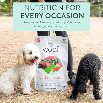 Woof Wild Brushtail Freeze Dried Raw Dog Food, Mixer, or Topper, or Treat - High Protein, Natural