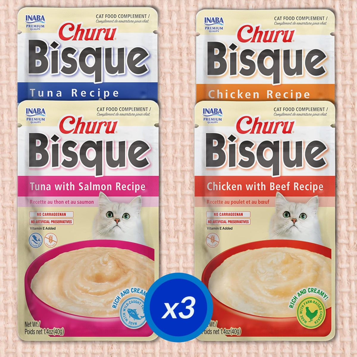 INABA Churu Bisque for Cats, Creamy Lickable Purée Side Dish with Vitamin E, 1.4 Ounces per Pouch