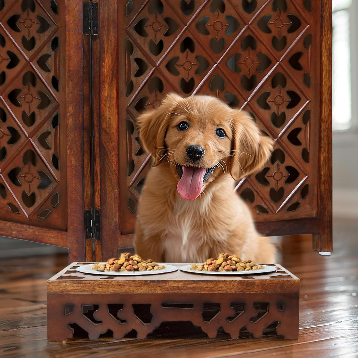 Elevated Pet Feeder for Dogs and Cats - Hand Carved Wood Bones Raised Dog Bowl Stand - Pet Feeding