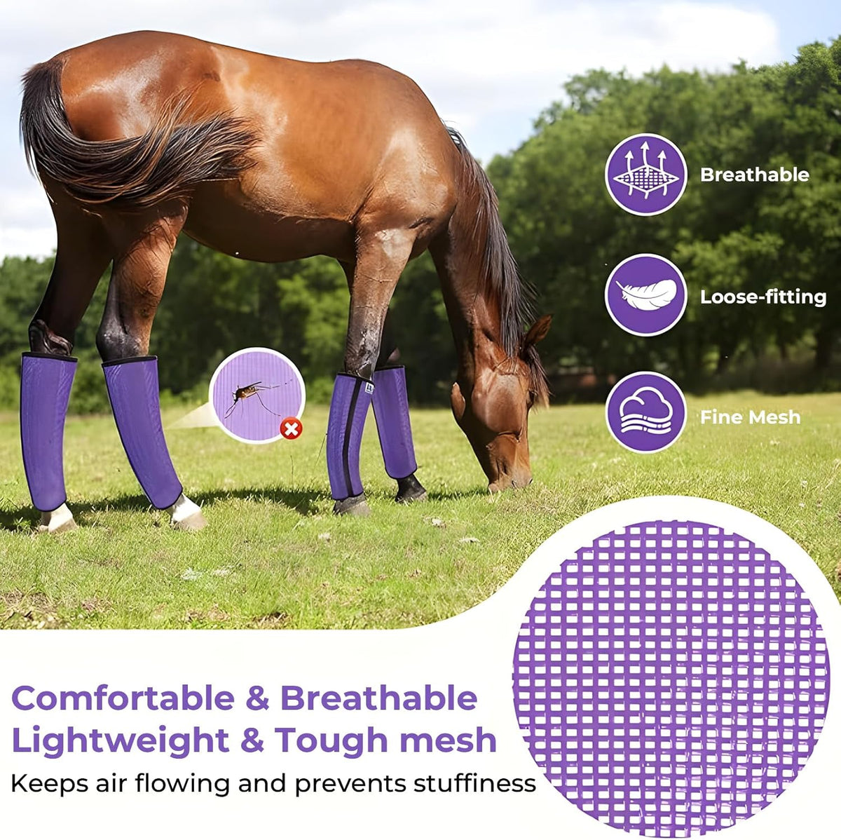 Mesh Horse Fly Boots Set of 4，Adjustable and Universal Loose Fitting & Non-Slip Horse Fly Leggings