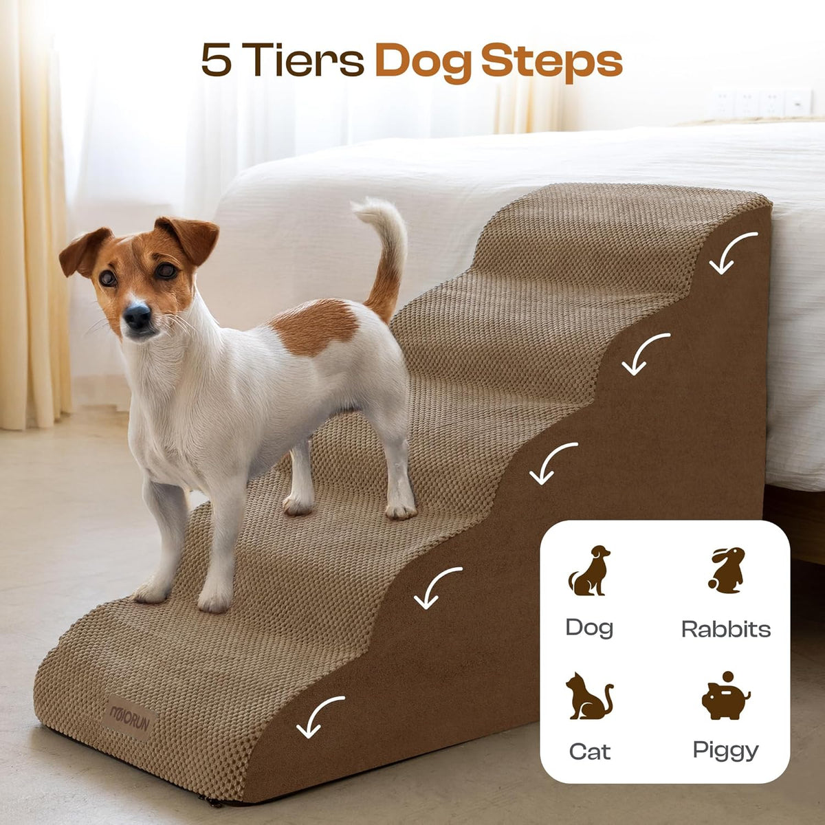 Dog Stairs for High Beds Up to 26-30", 5-Step Foam Pet Ramp with Washable Cover, Gentle Slope