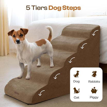Dog Stairs for High Beds Up to 26-30", 5-Step Foam Pet Ramp with Washable Cover, Gentle Slope