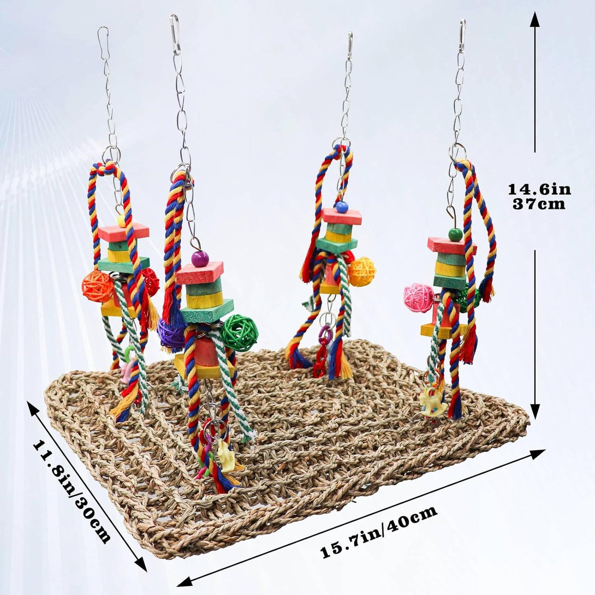 Large Bird Swing Toys, Colorful Parrot Seagrass Mat Hammock with Blocks, Bird Foraging Toy, Bird