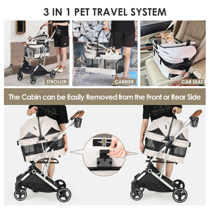 T3 Pro 3-in-1 Small Pet Stroller for Dog & Cats, 4 Wheels with Detachable Carrier with Pad, Canopy