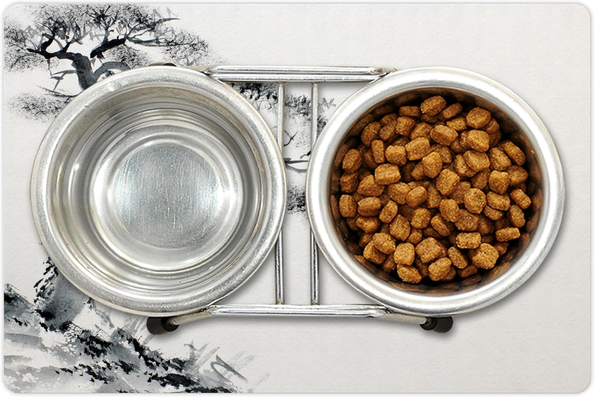 Lunarable Asian Pet Mat for Food and Water, Lone Pine on Mountain Slope Art Traditional Chinese