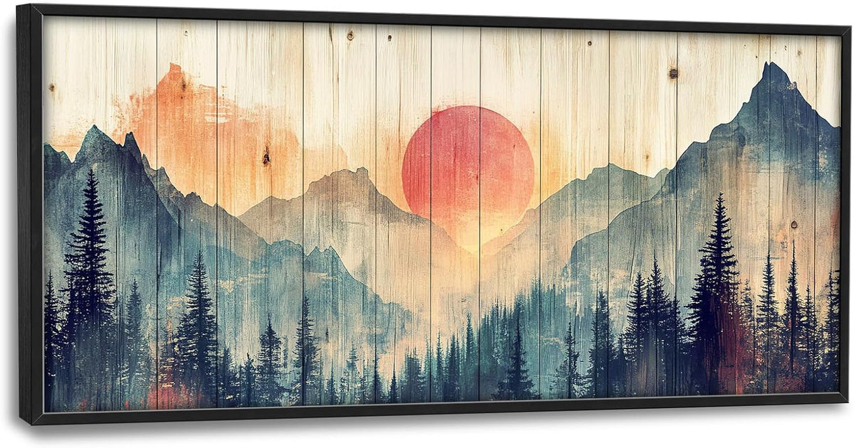 Framed Large Cabin Mountain Wall Art for Living Room, Oversized Rustic Forest Wall Decor, Rustic