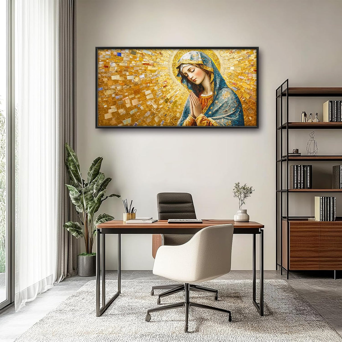 Extra Large Virgin Mary Framed Wall Art for Living Room,Oversized Golden Christian Religious