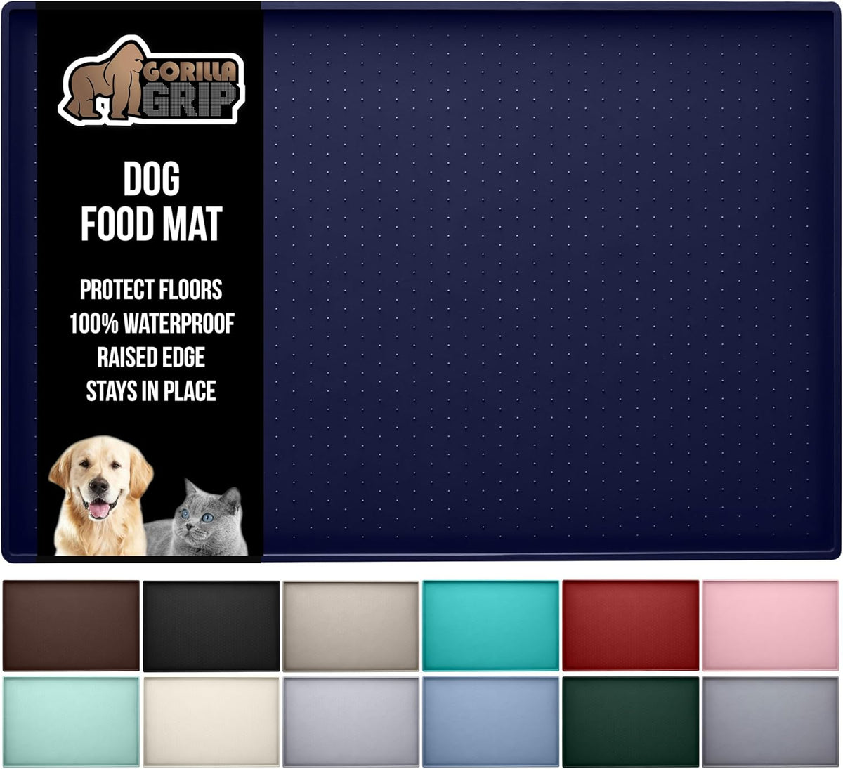 GORILLA GRIP 100% Waterproof Raised Edge BPA Free Silicone Pet Feeding Mat, Dog Cat Food Mats