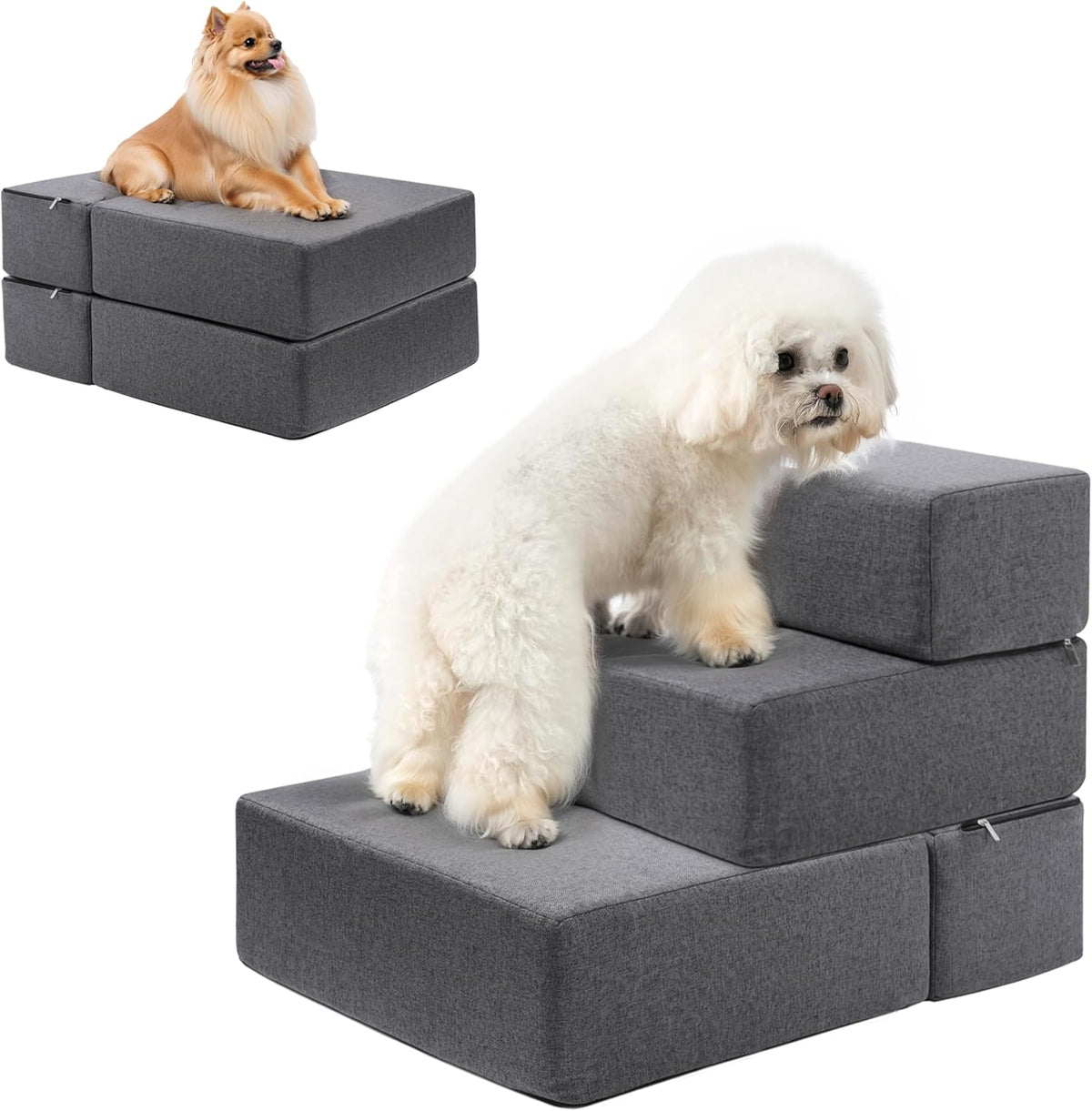 Foldable 18 Inch Wide 3 Step Wide Dog Stairs for Large Dogs, 18 Inch Height Foam Dog Steps for Bed