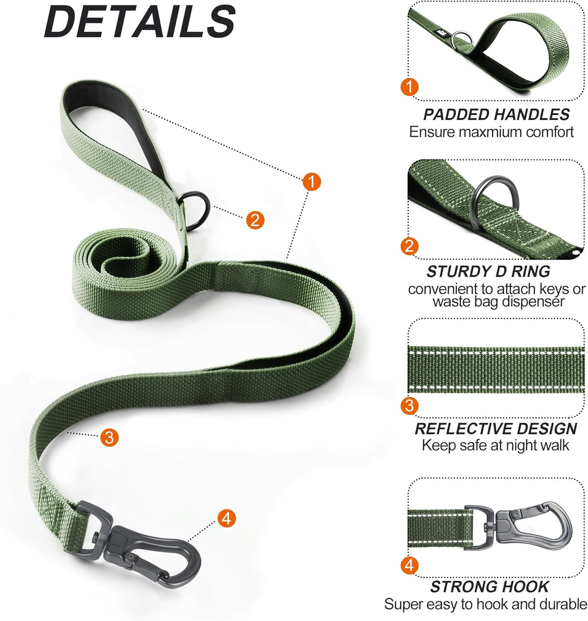TwoEar 4FT 1IN Strong Green Dog Leash with 2 Padded Handles, Traffic Handle Extra Control