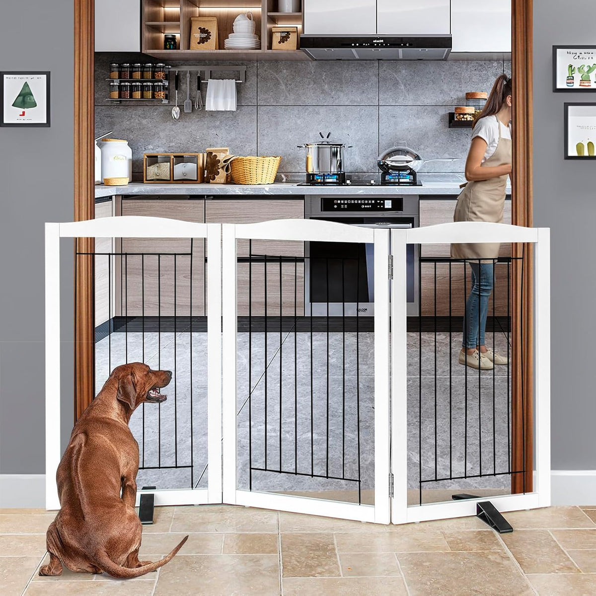 ZJSF Freestanding Dog Fence Indoor, Foldable Dog Gate for Doorways, Stairs or Hallways, Sturdy Wood