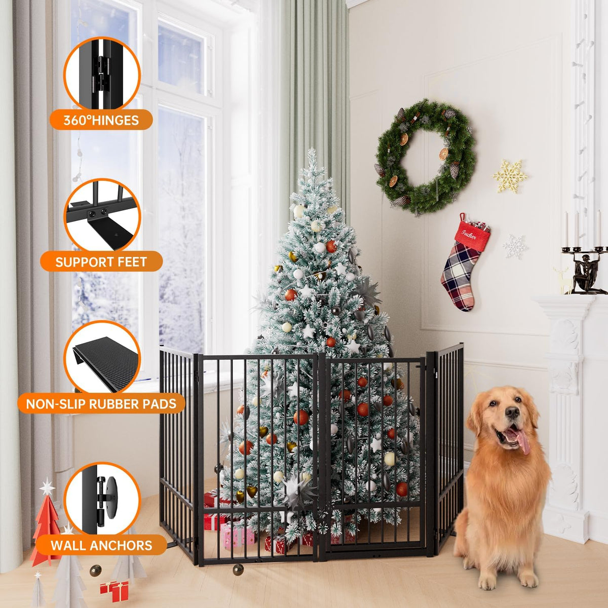 Full Metal Freestanding Dog Gate with Door, 36''Height Foldable Pet Dog Fence for Indoor & Outdoor