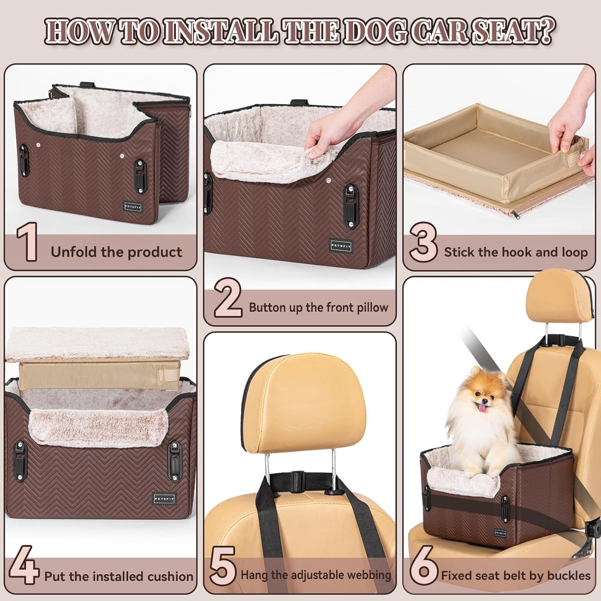 PETSFIT Car Seat for Dogs, Waterproof PU Leather Dog Car Seat for Small Dogs with Patent Safe