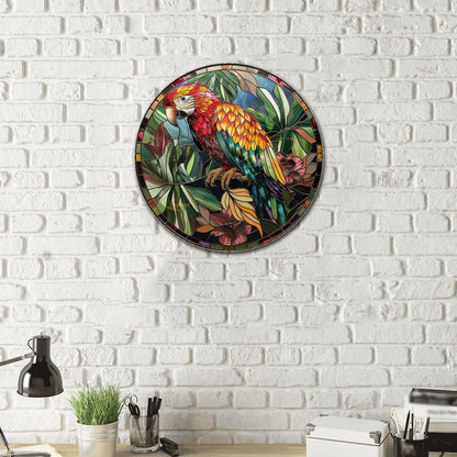 Lygond Metal Sign Tin Sign Circular Stained Glass Parrot Funny Outdoor Decor for Restaurant 12×12