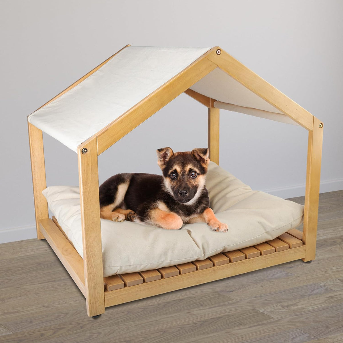 Dog House - 30x24-Inch Indoor Dog House with Soft Cushion and Adjustable Canopy - Wood Dog