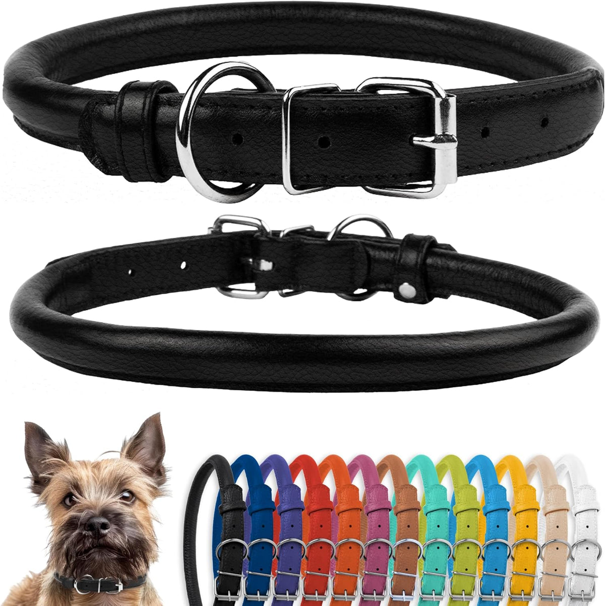 CollarDirect Rolled Leather Dog Collar, Soft Padded Round Puppy Collar, Handmade Genuine Leather
