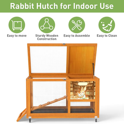 COZIWOW Wooden 36Inches Rabbit Hutch Indoor with Wheels Bunny Cage Outdoor Rabbit Cage with Clean