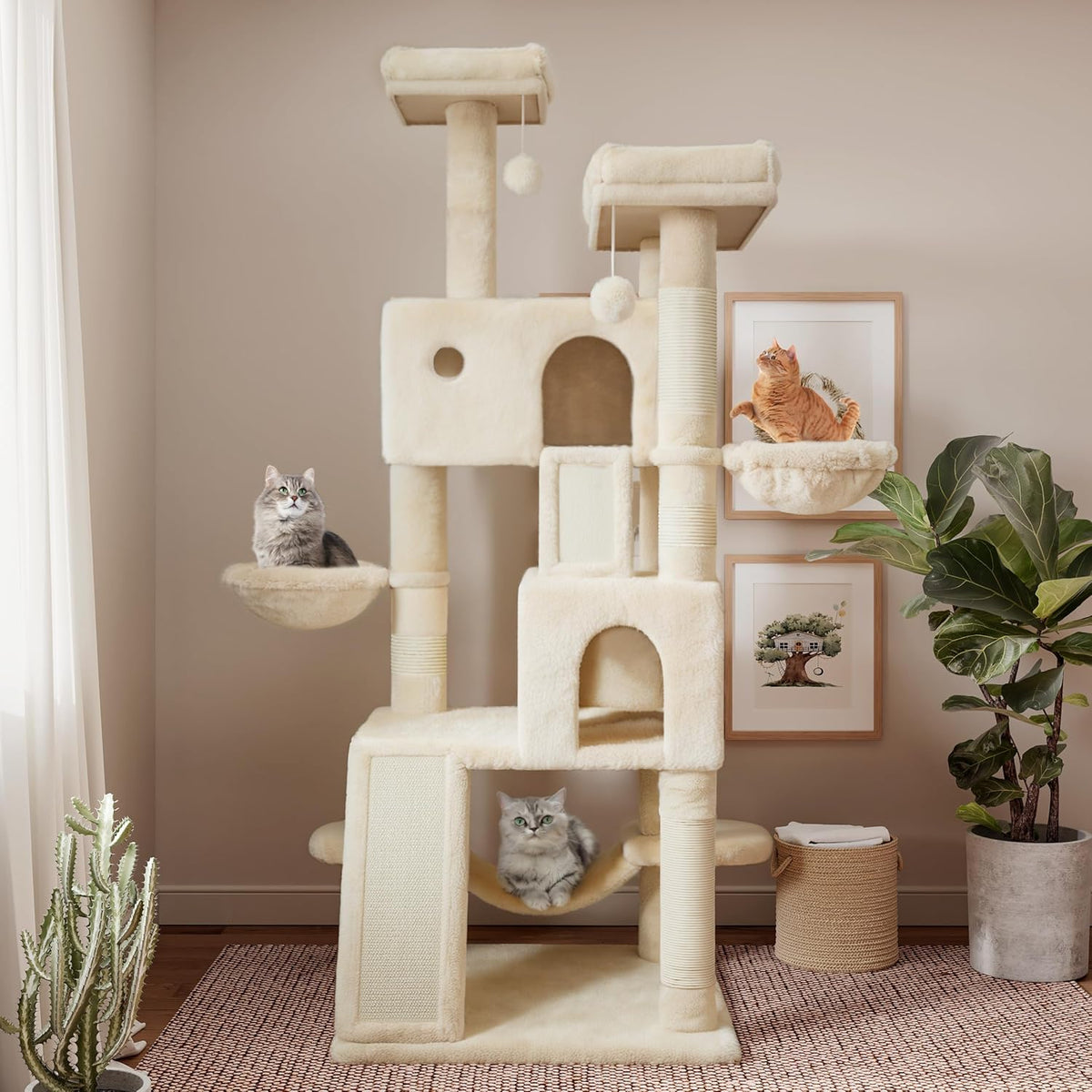 SHA CERLIN 65in Larger Cat Tree Tower Condo for Indoor Kitties/Multi-Level Furniture Activity