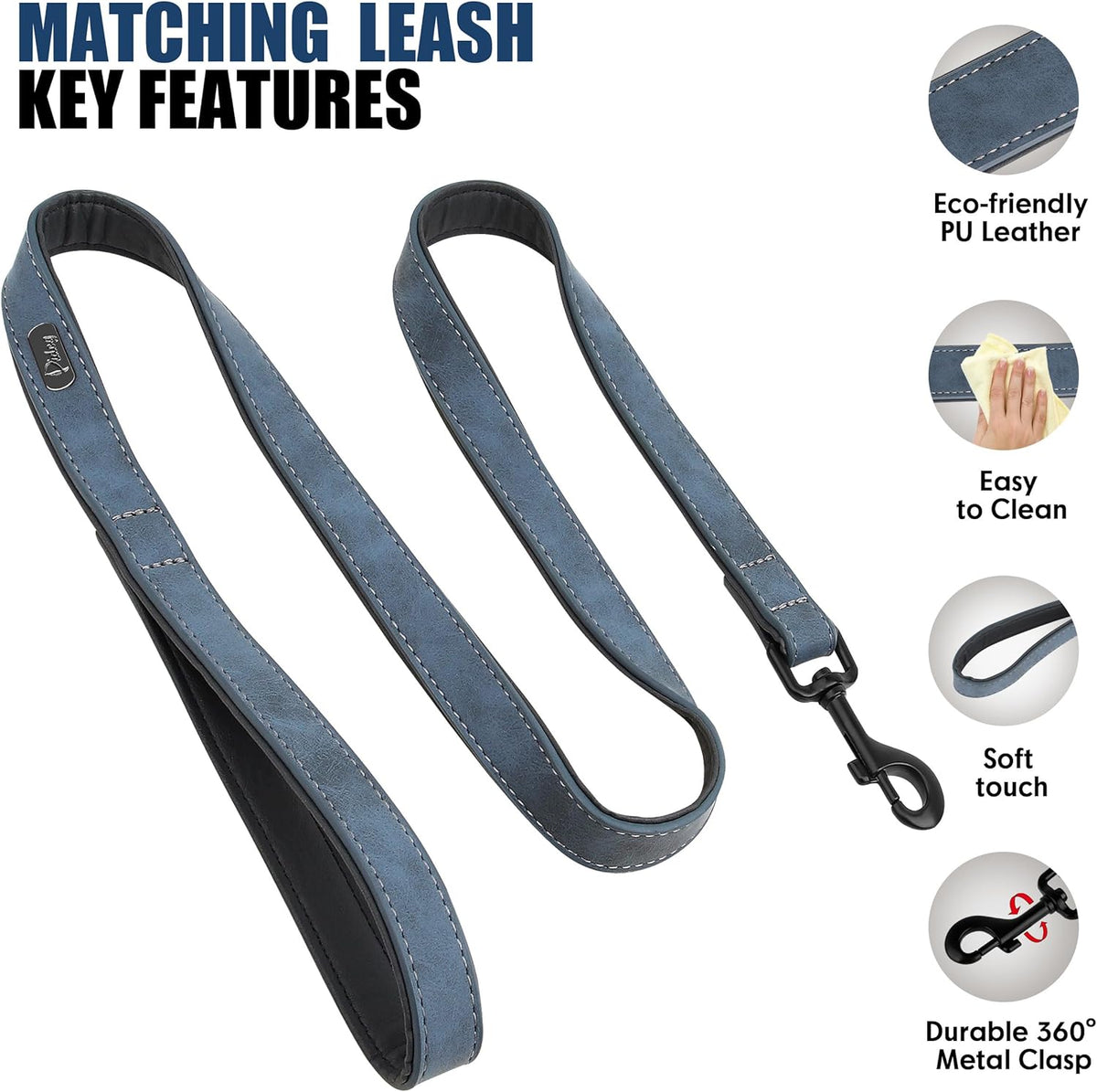 Didog Soft Padded Leather Dog Collar and Leash Set, Adjustable Dog Leash and Collar Set with Metal