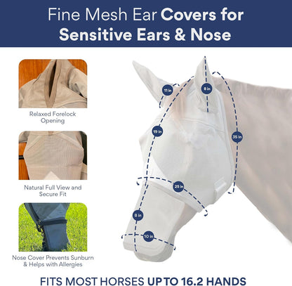 Horse Fly Mask with Nose Cover and Ears | 95% UV Eye Protection | Built-in Visor | Breathable