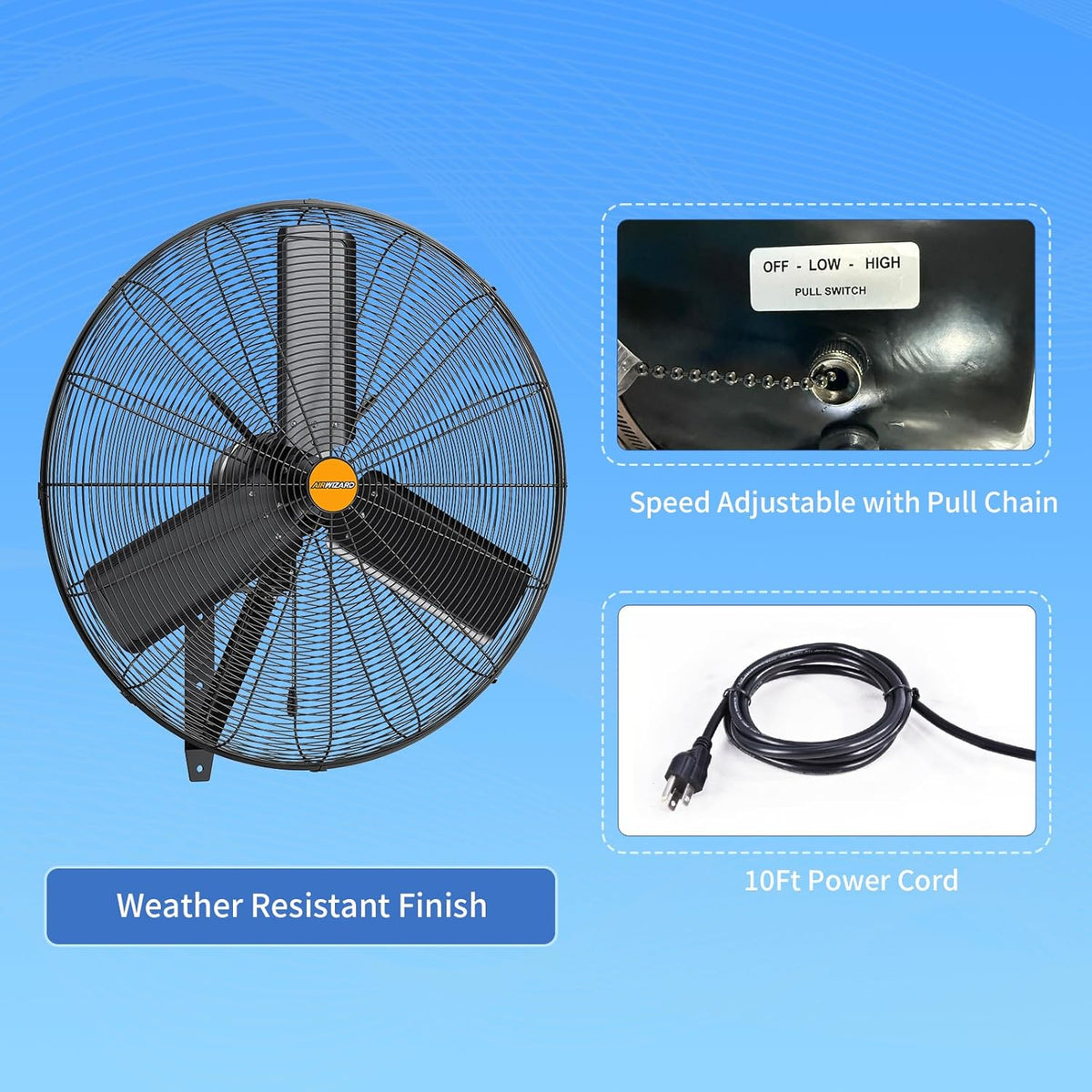 24 inch Outdoor Oscillating Wall Mounted Fan, High Velocity IPX4 Waterproof 7600 CFM Industrial