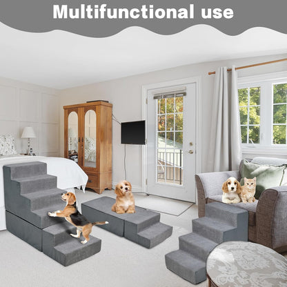 Dog Stair Steps for High Beds 30 inches Tall, 33D Foam Dog Ramp for Bed 30-32 inches, 6-Step Pet