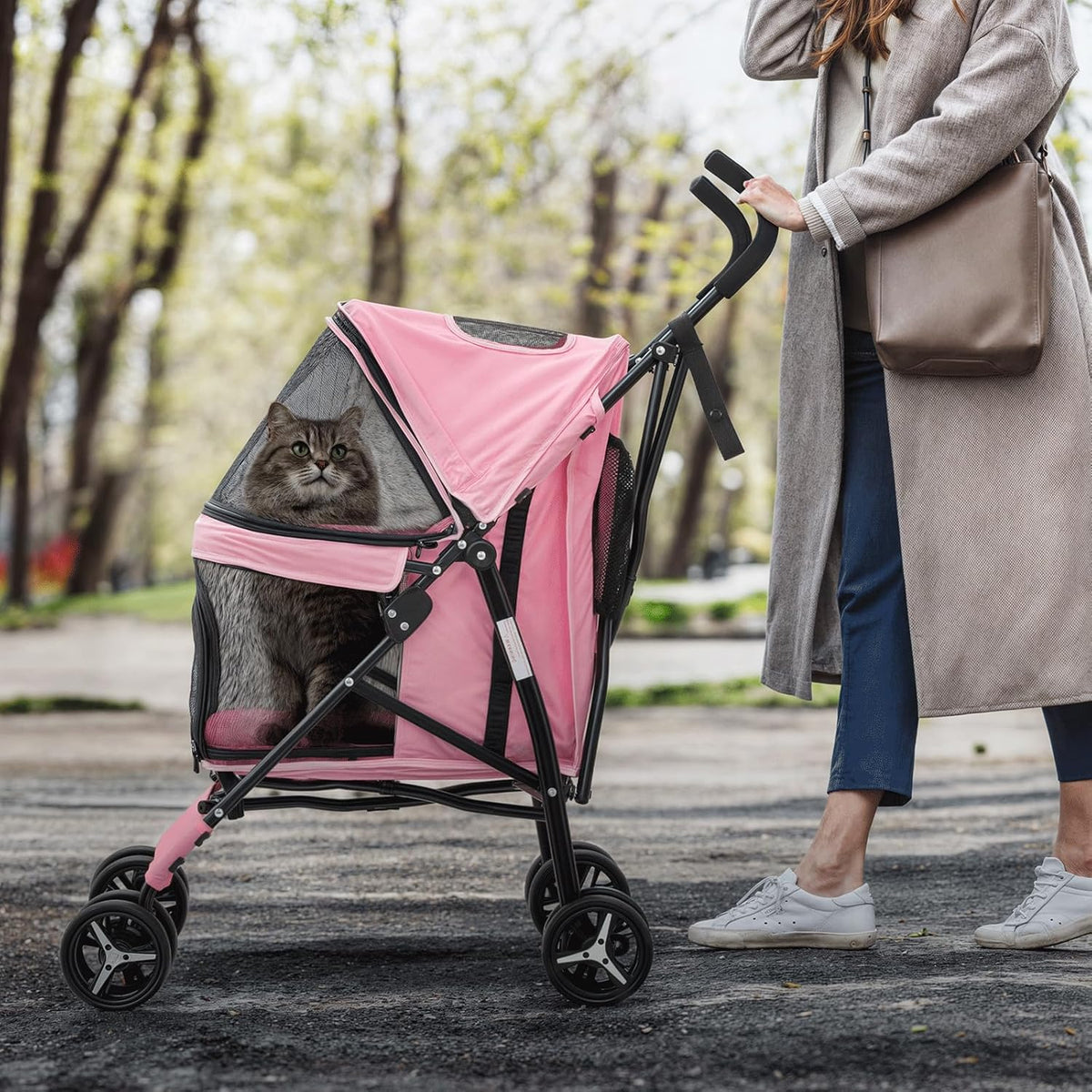 MoNiBloom 4 Wheels Pet Stroller, Easy-Fold Puppy Cage Jogger Stroller with Sun Cover, Pad and Rear