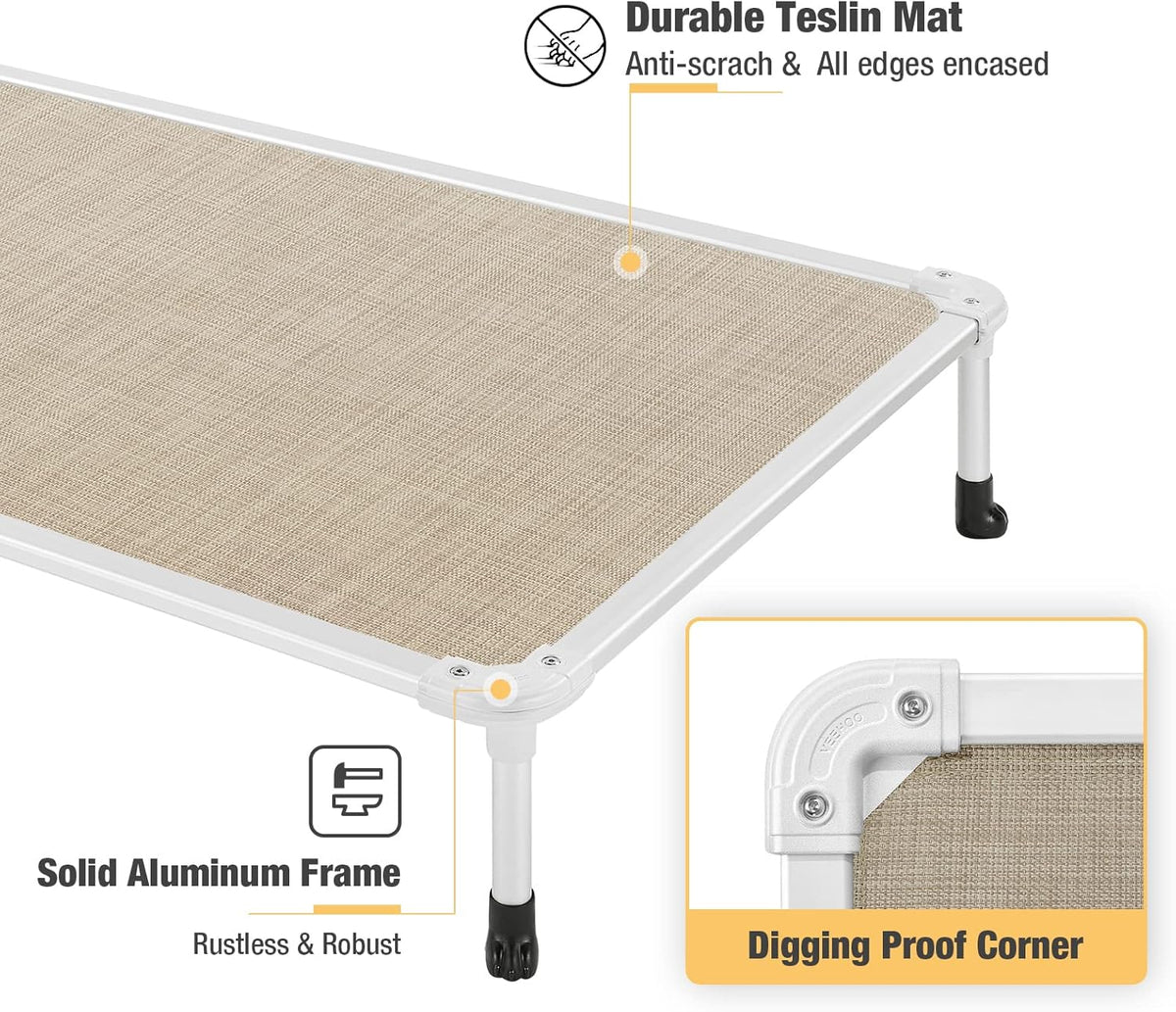 Veehoo Chew Proof Elevated Dog Bed - Cooling Raised Pet Cot - Silver Aluminum Frame and Durable