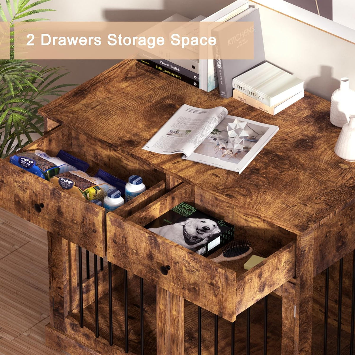 BREEZEHEAT 40 inch Dog Crate Furniture-Farmhouse Dog Kennel with Drawers-End Table Wooden Pet