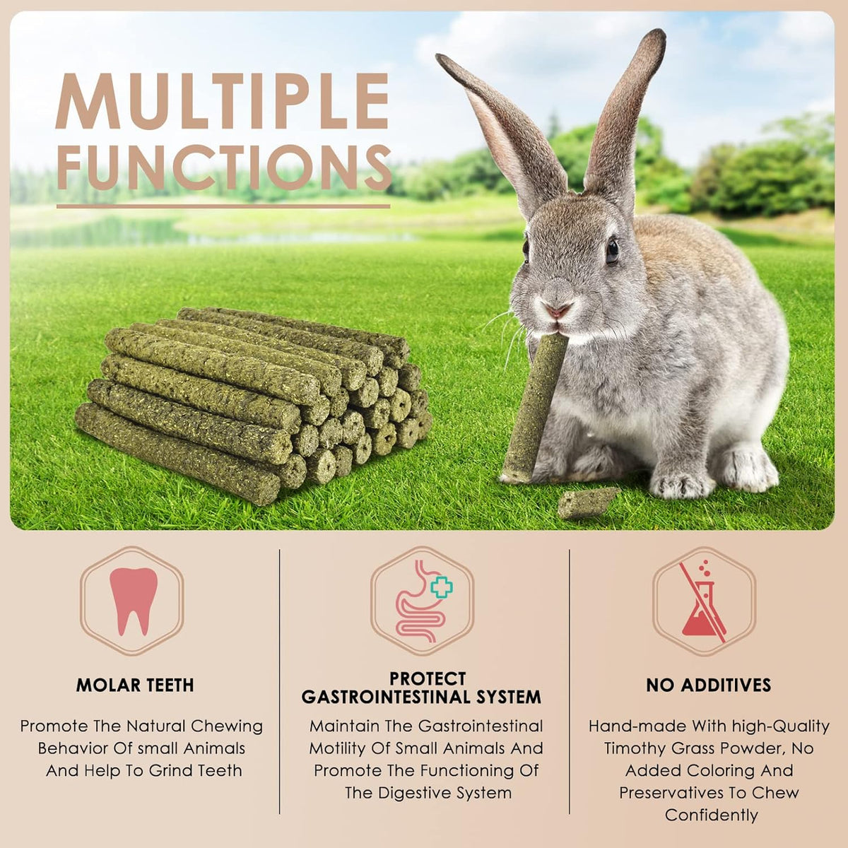 Bissap Timothy Hay Sticks for Rabbits 38PCS, Natural Timothy Grass Molar Teeth Stick Chew Toys for