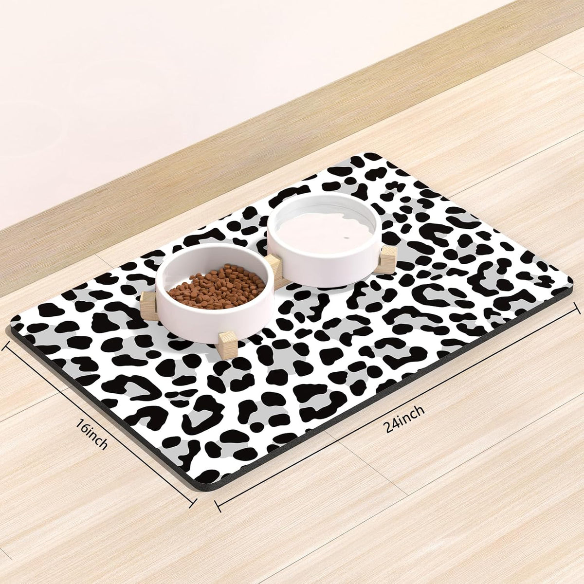 Rnivvi Dog Food Mat, 16" x 24" Leopard Absorbent Dog Cat Bowl Mat for Food and Water, Cute