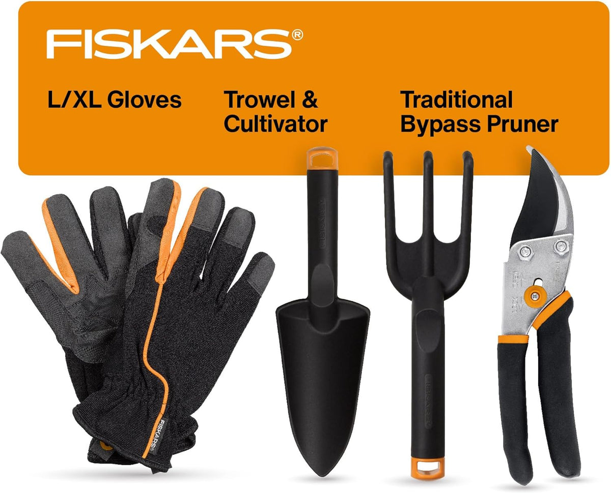 Fiskars House Plant Starter Tool Gift Set with Bypass Pruner, Trowel, Cultivator, and L/XL Garden