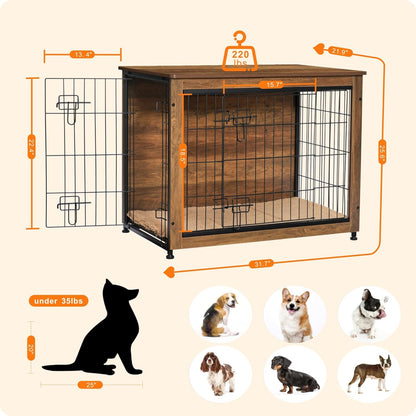DWANTON Dog Crate Furniture with Cushion, Wooden Kennel Table with Double Doors, Indoor Dog House