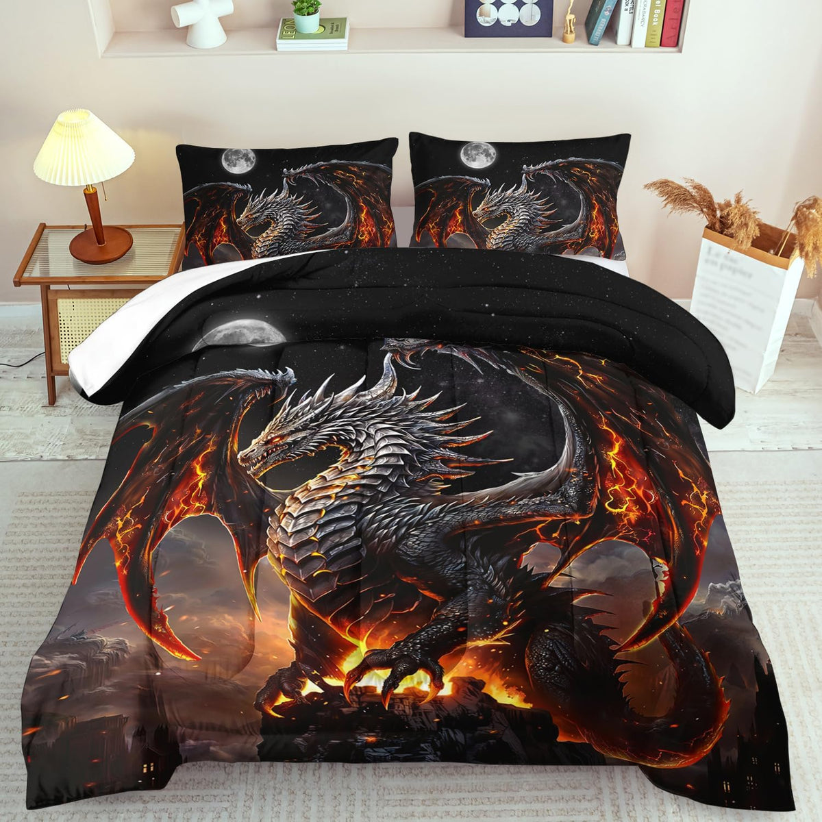 Black Dragon Comforter Set Full Adult,Flame Dragon Bedding Set for Boys,Magical Beast Bedding