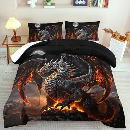 Black Dragon Comforter Set Queen Adult,Flame Dragon Bedding Set for Boys,Magical Beast Bedding