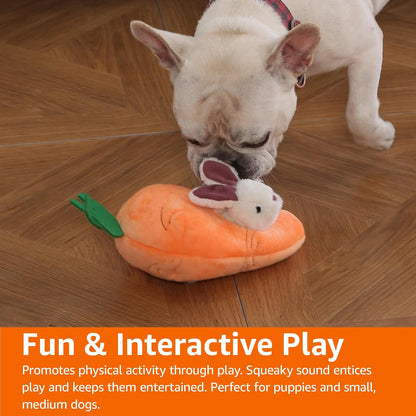Amazon Basics Interactive Hide and Seek Squeaky Dog Plush Toy, Rabbit and Carrot, Orange and White