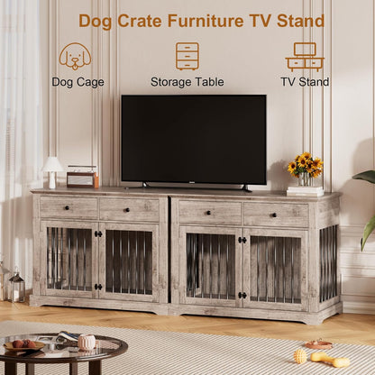 PUKAMI 44inch Dog Crate Furniture with Drawers,Wooden Dog Kennel Furniture for Large Breed,End