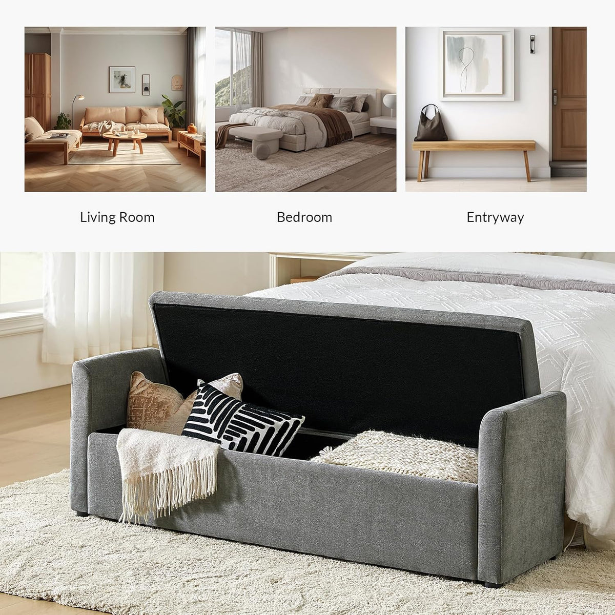 HULALA HOME Modern Storage Bench with Throw Pillows, 59.4" Extra Long Bedroom Ottoman Bench for End