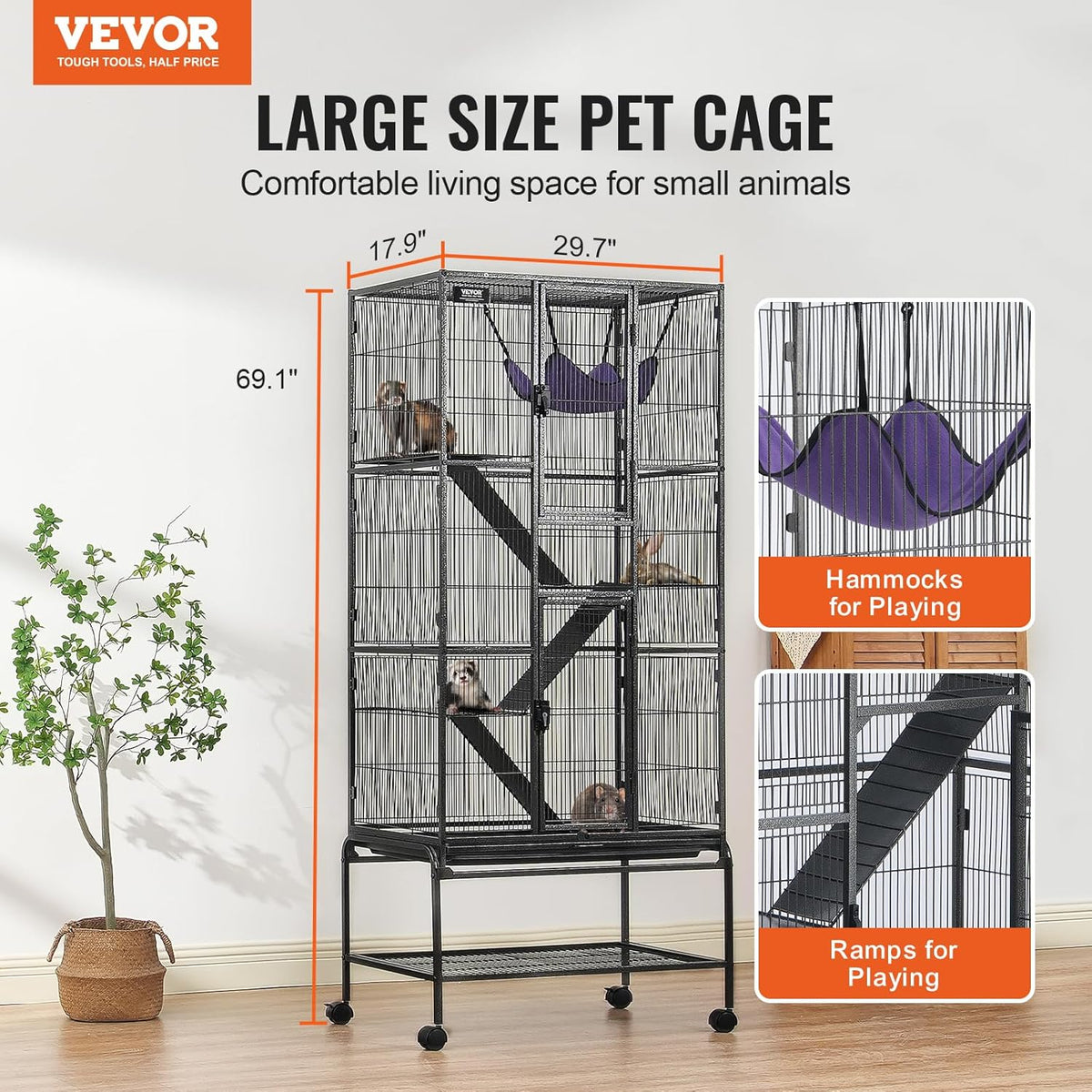 VEVOR 69" Rolling Metal Ferret Cage, Large 4-Tier Critter Nation Cage, Small Animal Cage with Ramps