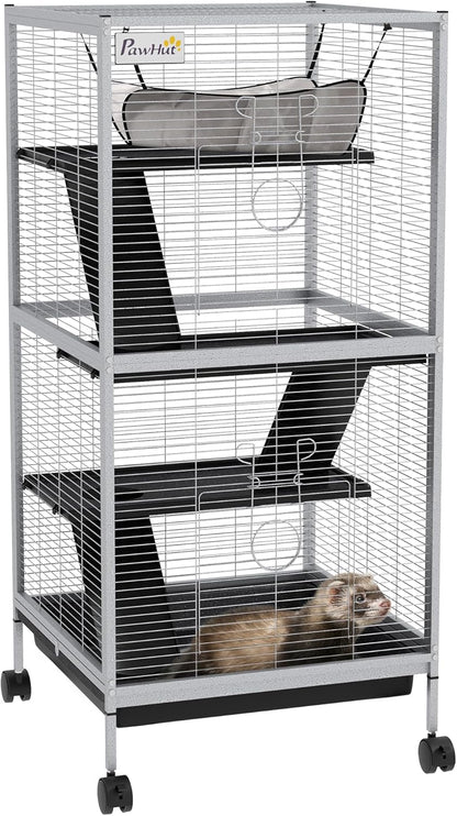 PawHut Metal Small Animal Cage, 4-Tiers Rolling Big Ferret Cage with Hammock, Removable Tray, for