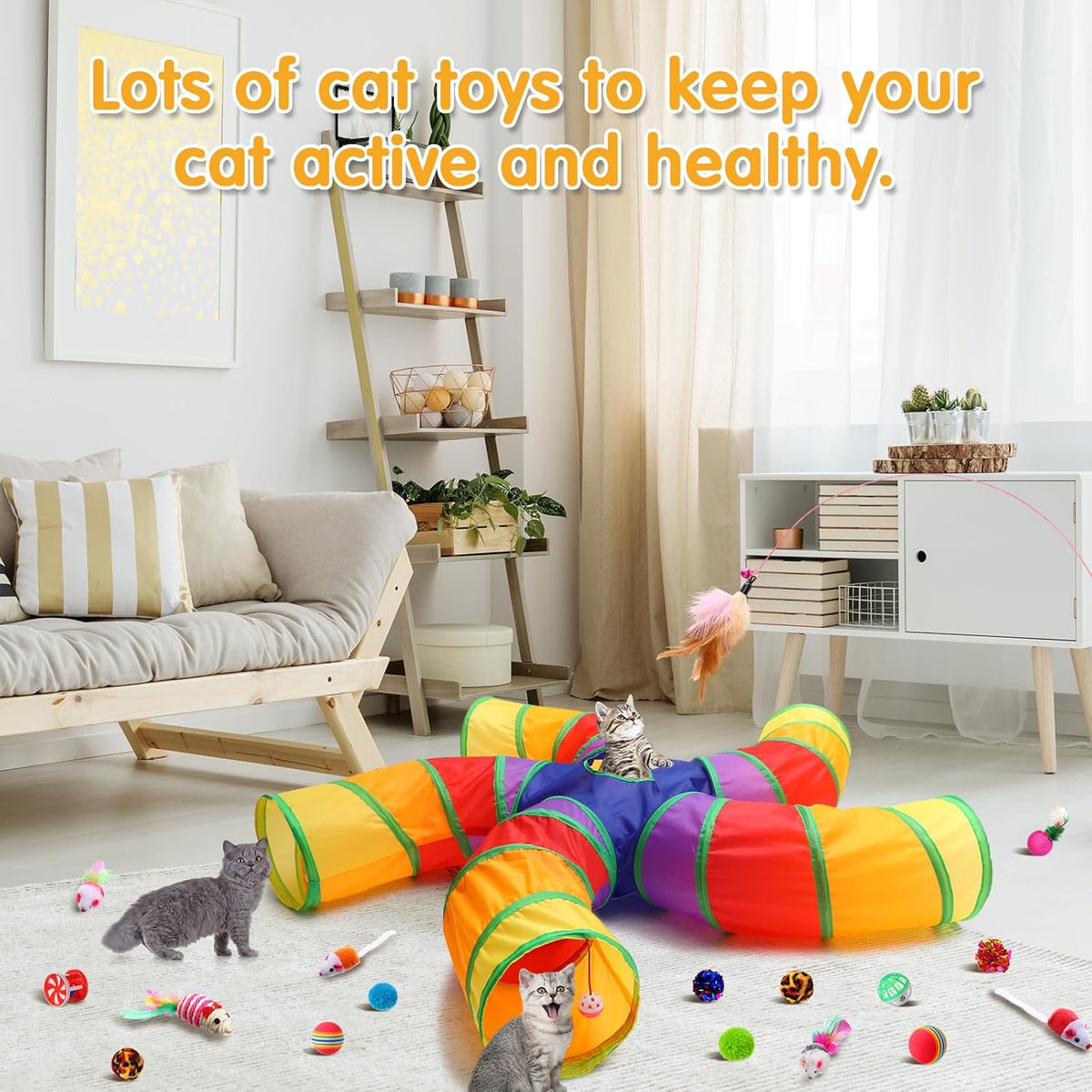 Poen 21 Pcs Cat Tunnel for Indoor Set Collapsible 5 Way Tubes with 20 Pcs Cat Kitten Toys