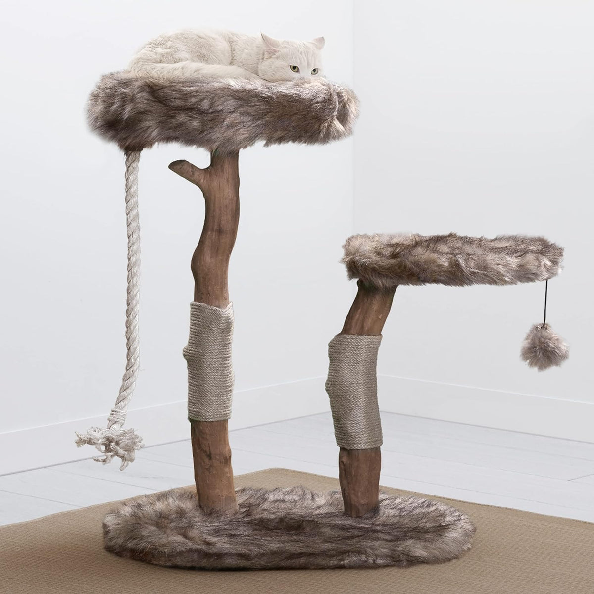 Mau Lifestyle Modern Cat Tree Tower - Natural-Branch Cat Condo & Luxury Wood Cat Scratching Tree