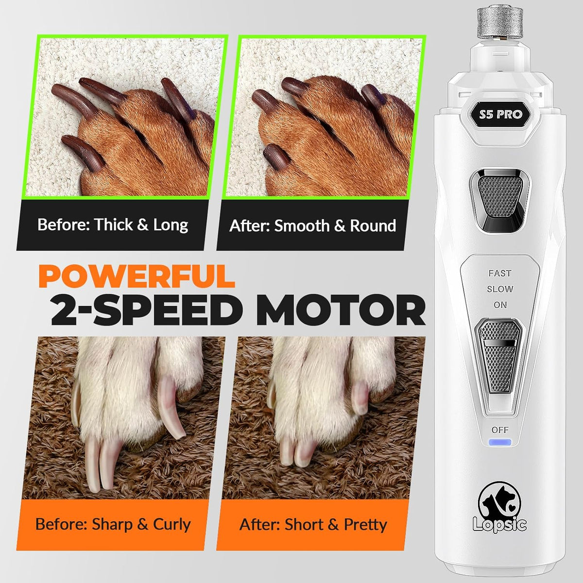 Dog Nail Grinder with 2 LED Lights Powerful 2 Speeds Super Quiet Dog Nail Trimmers with 3 Grinding