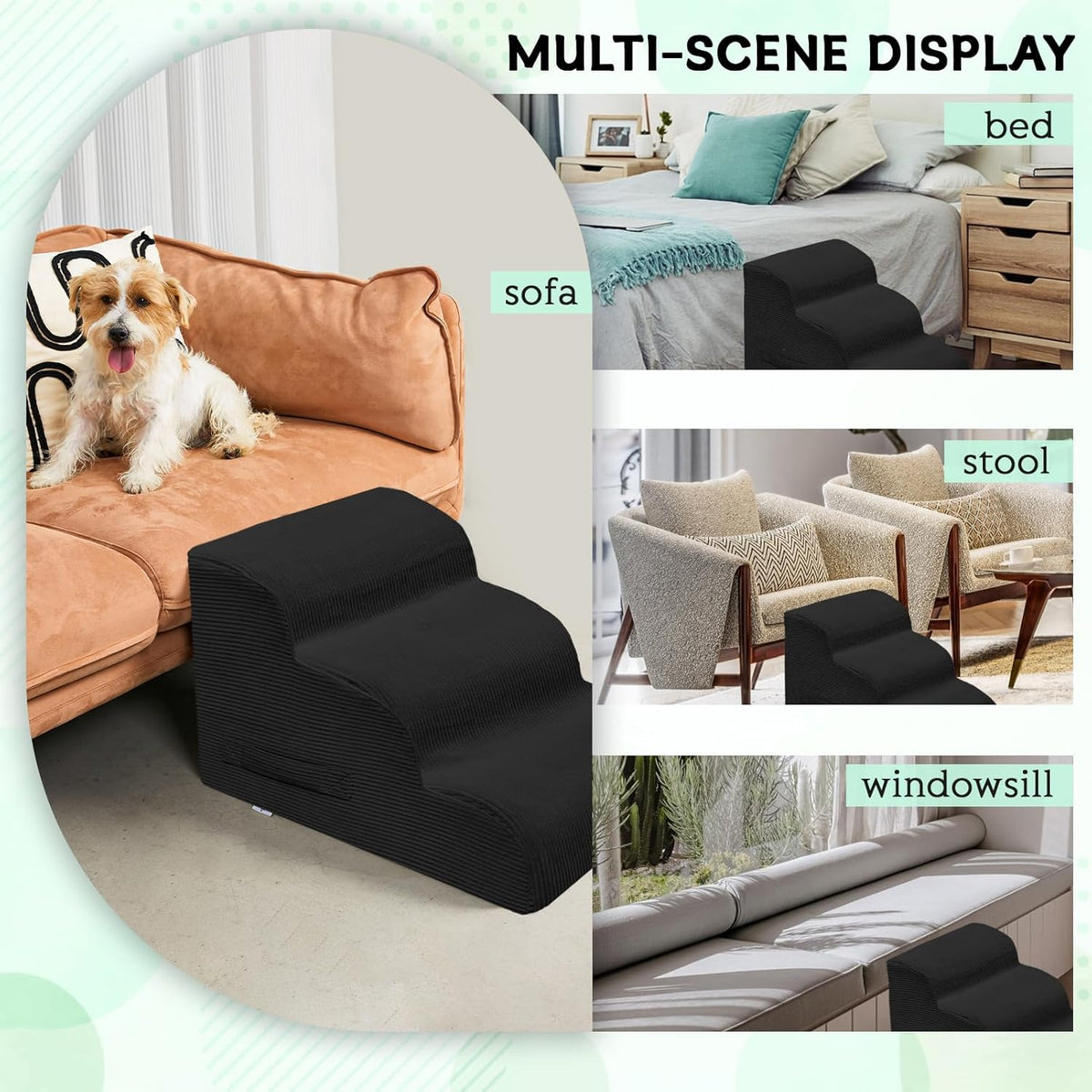 Dog Steps for Small Dogs, 3-Step Pet Ramp Stairs for High Beds and Sofa, Non-Slip Pet Stairs for