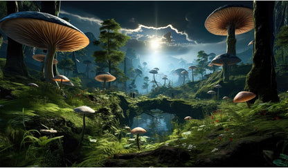 Fantasy Mushrooms Landscape Aquarium Background Tranquil Stream Cloudy Sky Terrarium Background