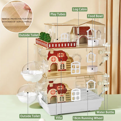 17 in 1 Clear Acrylic Hamster Cage with All Accessories,13.5''L* 10''W* 21''H Dwarf Hamster