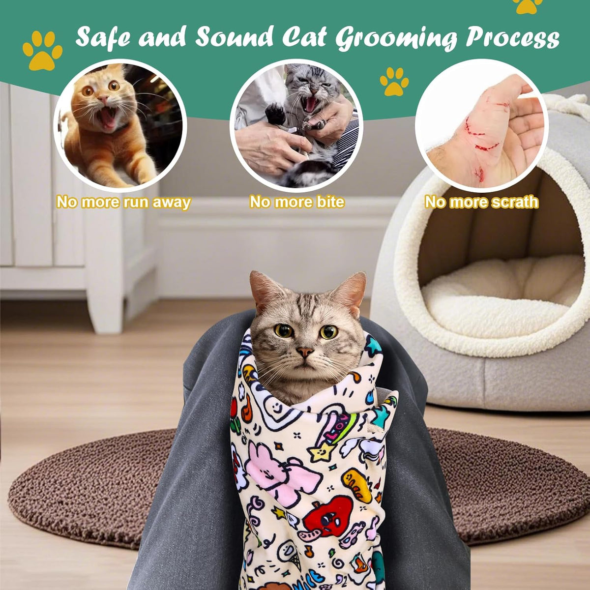 Cat Wrap for Cutting Nails and Grooming(27" x27"), Cat Restraint Wrap for Nail
