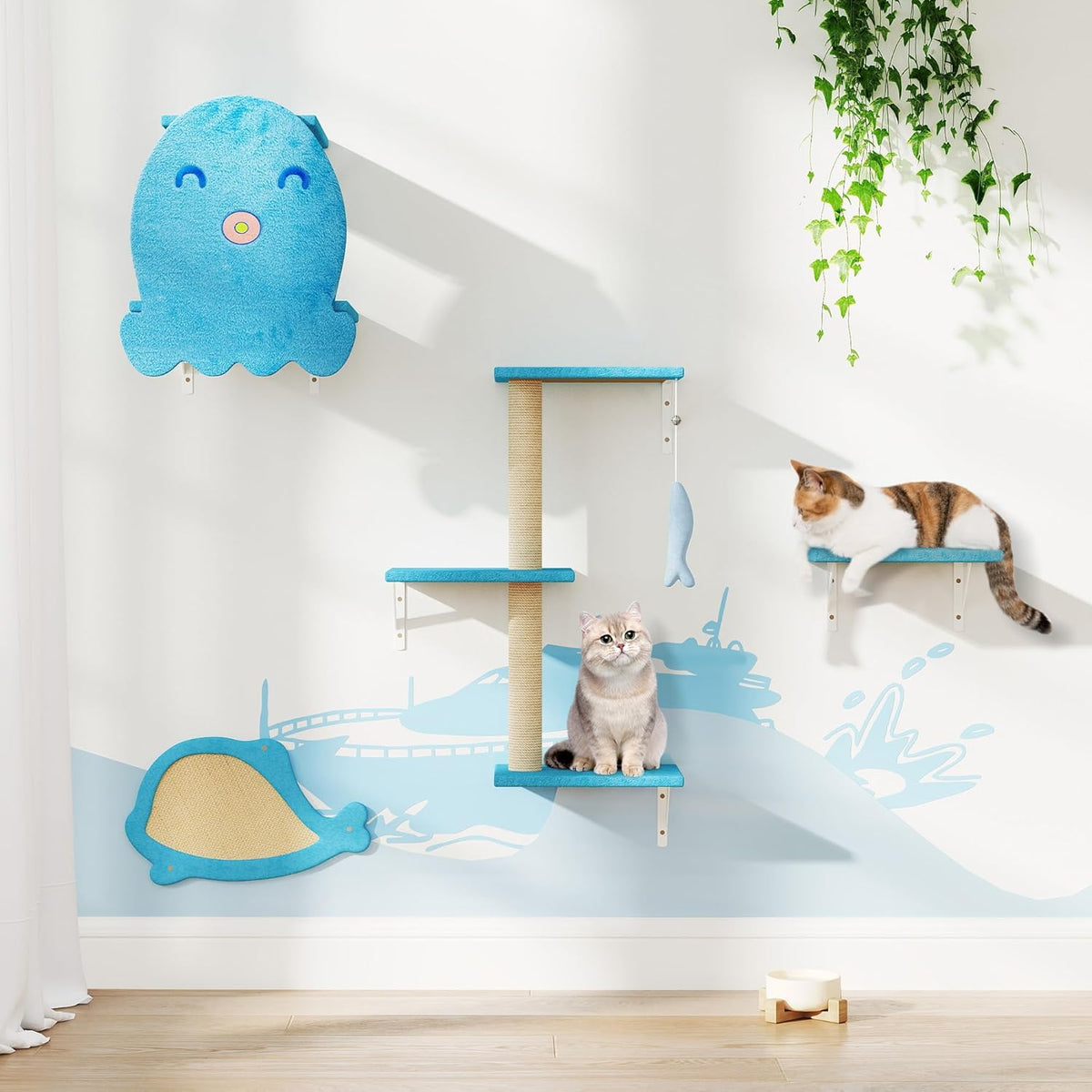 COZIWOW 4-Piece Wall-Mounted Cat Tree Set – Sturdy Wood Pet House, Scratching Board, Platforms