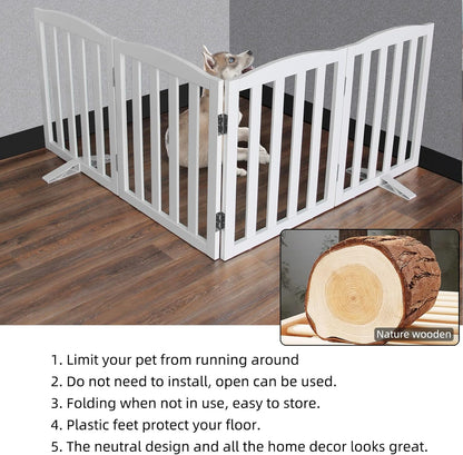 ZJSF Foldable Freestanding Indoor Dog Gate for House Wood White Long Pet Gates Dog Fence for Stairs
